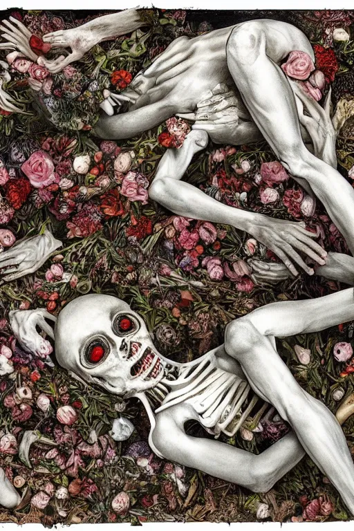 Prompt: a man lying down in bed of bones of flowers, he is sad and has large eyes and lips, very fleshy body, anatomical, HD Mixed media, highly detailed and intricate, surreal illustration in the style of Caravaggio, baroque dark art