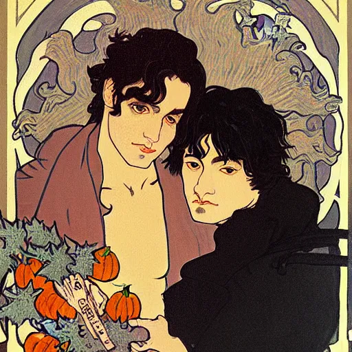 Image similar to painting of young cute handsome beautiful dark medium wavy hair man in his 2 0 s named shadow taehyung and cute handsome beautiful min - jun together at the halloween witchcraft party with bubbling cauldron, melancholy, autumn colors, elegant, ritual, stylized, gorgeous eyes, soft facial features, delicate facial features, art by alphonse mucha, vincent van gogh, egon schiele