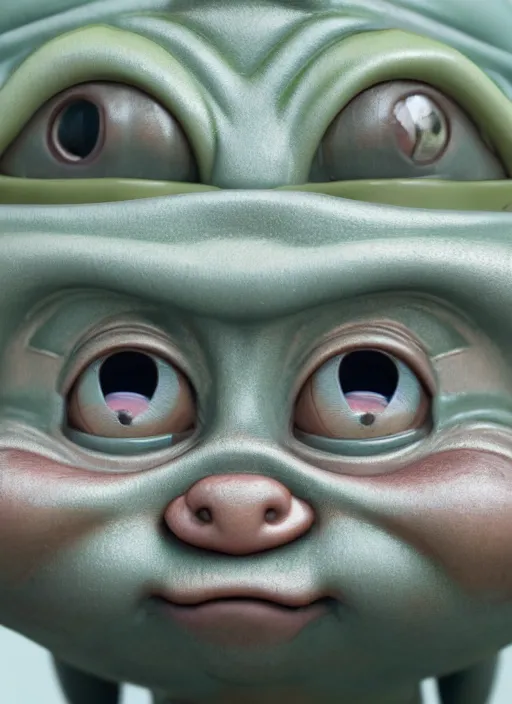 Image similar to closeup of a tin toy baby yoda, depth of field, zeiss lens, detailed, symmetrical, centered, fashion photoshoot, by nicoletta ceccoli, mark ryden, lostfish, earl nore, hyung tae, frank frazetta, breathtaking, 8 k resolution, extremely detailed, beautiful, establishing shot, artistic, hyperrealistic, octane render