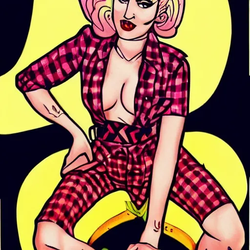 Image similar to 9 0 s gwen stefani, stylized as an american traditional tattoo pinup girl, sitting on a banana,