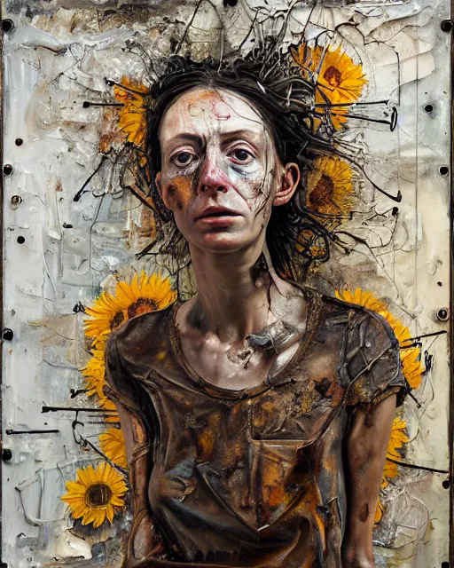 Prompt: a full length portrait of a very ordinary young woman with a troubled expression, Anselm Kiefer and Lucian Freud and Jenny Saville, oil painting, rust, Scaffolding, rusted metal and sunflowers, iron cladding, decay, mixed media, textured, anatomically correct, beautiful perfect face, visible brushstrokes, sharp focus, Highly Detailed, photographic emulsion cracked and peeling, Cinematic Lighting, 8k, HD