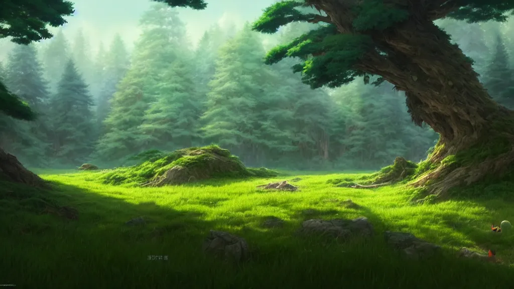 Image similar to forest clearing landscape, studio ghibli, pixar and disney animation, sharp, rendered in unreal engine 5, highly detailed, digital painting, artstation, concept art, smooth, sharp focus, illustration, wide angle, artbook, wallpaper, splash art, promo art, dramatic lighting, art by artgerm and greg rutkowski and bo chen and jin xiaodi