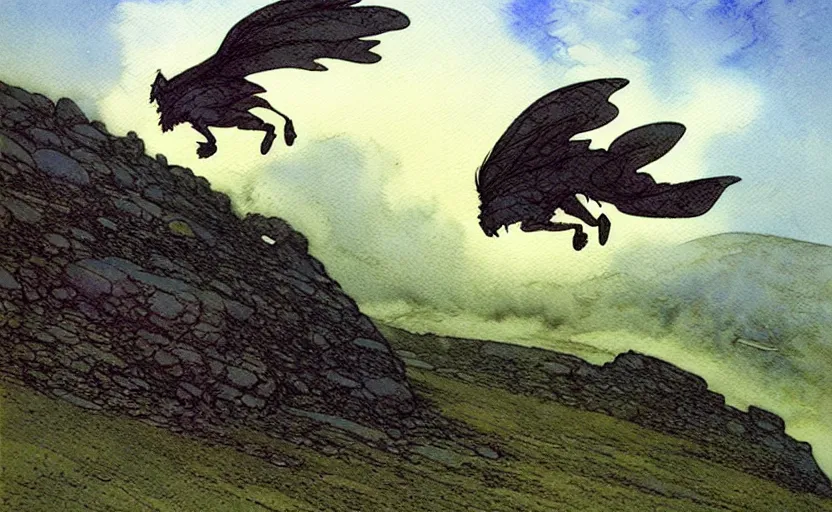 Image similar to a hyperrealist watercolour concept art of a flying rock. it is a misty night on the moors of ireland. by rebecca guay, michael kaluta, charles vess and jean moebius giraud