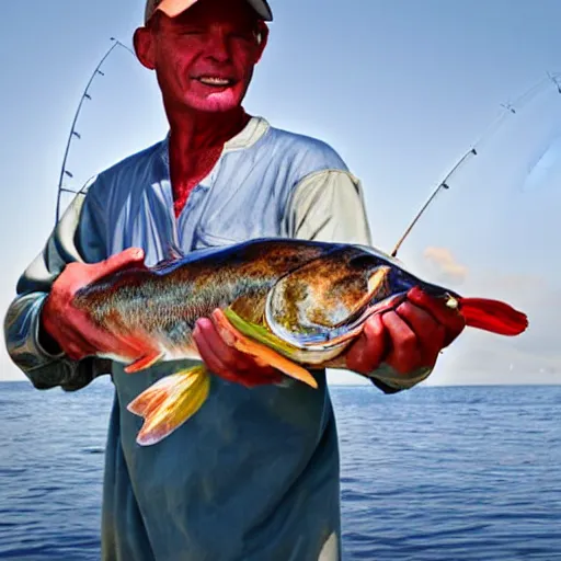 Prompt: a fisherman who just caught a very nice fish, hyperrealistic photograph