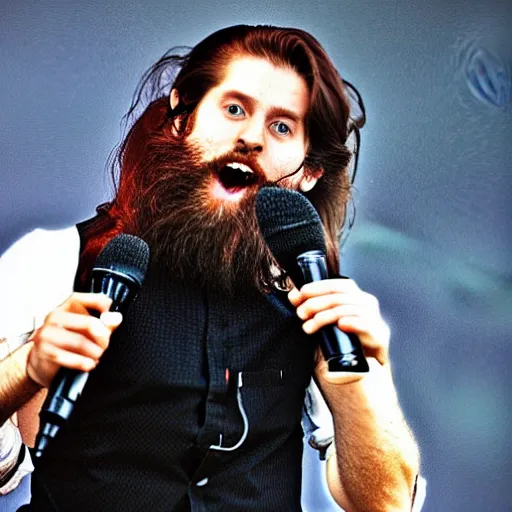 Prompt: bearded long - haired ross cheairs singing on stage