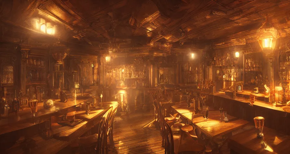 Prompt: alchemy tavern, hyperdetailed, artstation, cgsociety, golden hour 8 k, volumetric lighting