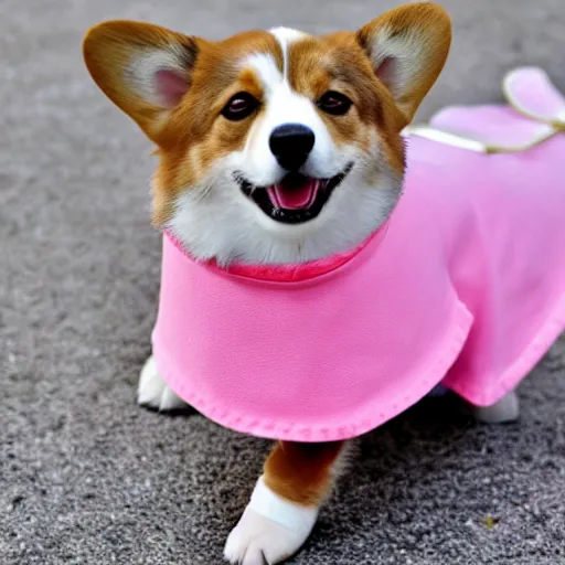 Prompt: a corgi wearing a pink dress