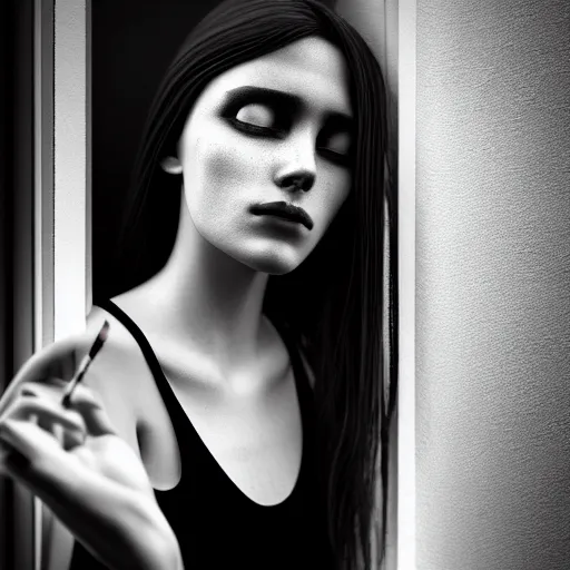 Image similar to black and white photography of highly detailed beautiful depressed Woman with detailed face in the heroine chique style standing by the window and smoking a cigarette with beautiful hand Rendered in Blender and Octane Render volumetric natural light