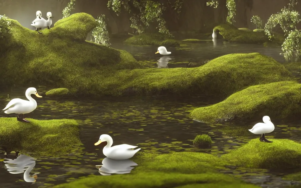 Prompt: on the right a group of white ducklings, on the left a small black duckling, in a pond surrounded by nature, moss, trees, rays of light, reflections, highly detailed, cinematic lighting, perfect composition, 4 k, gustave dore, derek zabrocki, greg rutkowski, belsinski, octane render