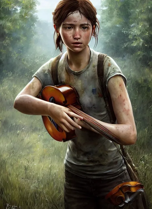 Image similar to portrait of ellie from the last of us in a white dress playing the violin. by Daniel F. Gerhartz, hyperrealistic oil painting, 4k, very detailed faces, studio lightning