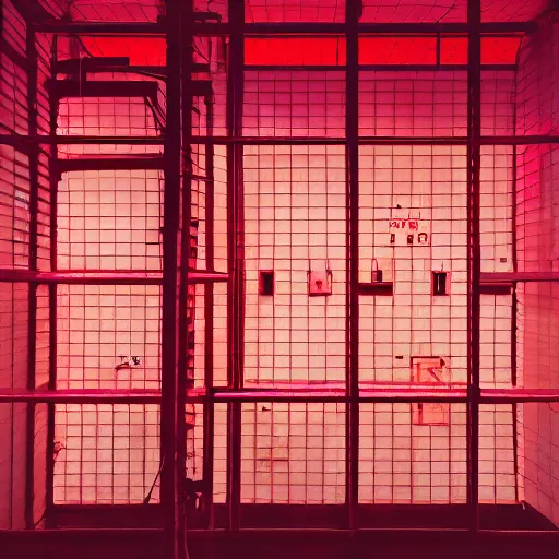 Image similar to noisy color photograph of a retrofuturist liminal space, laboratory, prison, red lights, minimalist, cinematic, soft vintage glow