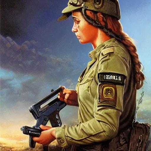 Image similar to a female israeli soldier pressing a staple gun to her head and looking depressed by thomas kincade realistic, high details