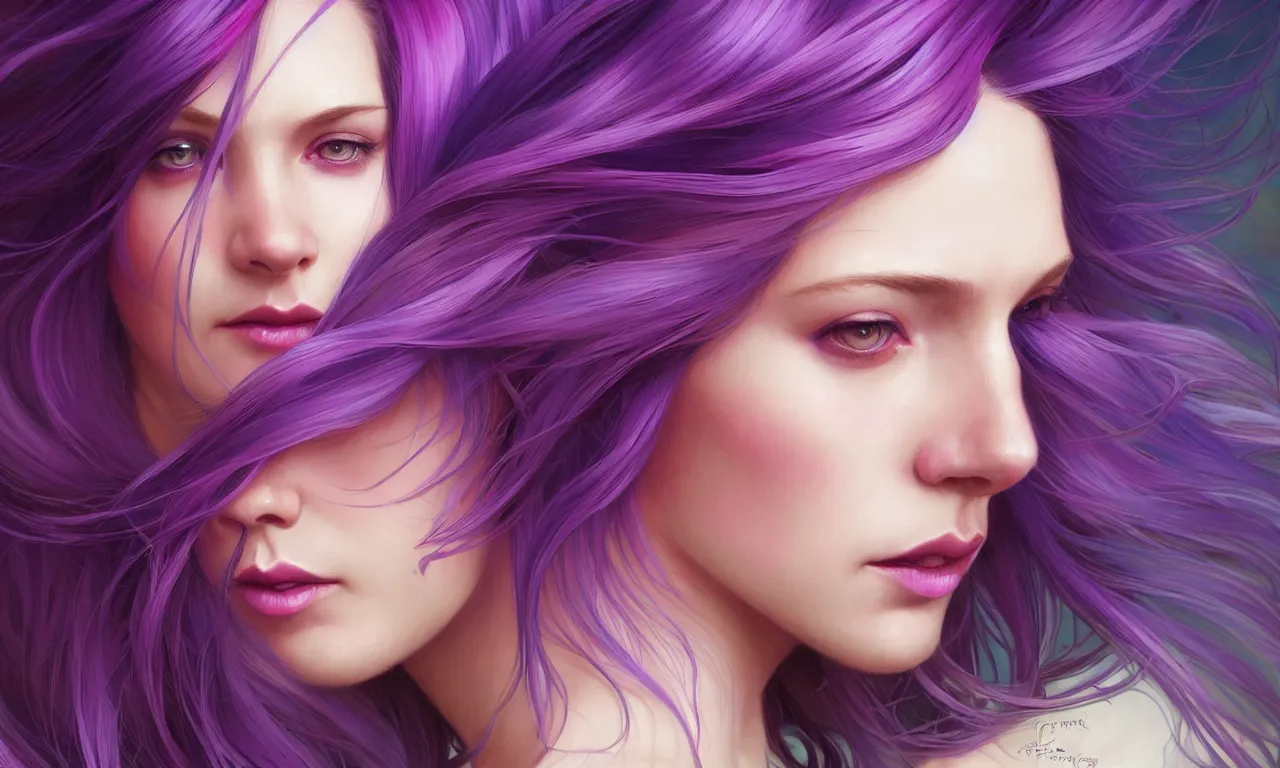 Image similar to Portrait of a woman with bright colored flying hair, all shades of purple. Hair coloring, amber eyes, face, long hair, fantasy, intricate, elegant, highly detailed, digital painting, artstation, concept art, smooth, sharp focus, illustration, art by artgerm and greg rutkowski and alphonse mucha