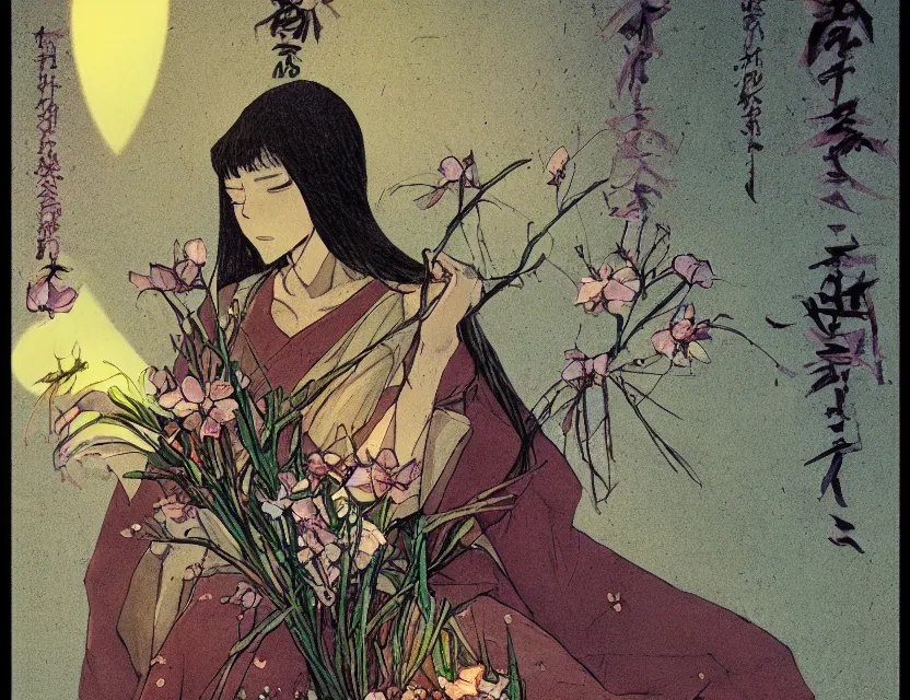 Prompt: priestess of eggshells and wilted flowers. gouache by award - winning mangaka, chiaroscuro, bokeh, backlighting, field of depth