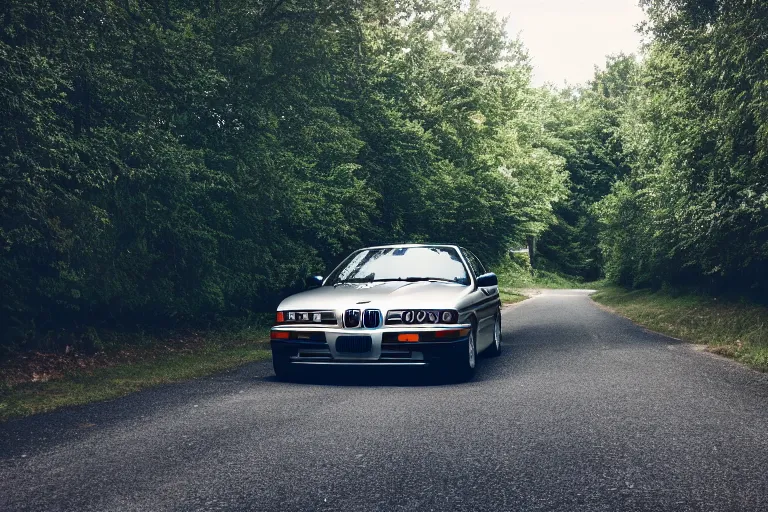 Image similar to A BMW e36 parked in a road with trees, summer season, Epic photography, taken with a Canon DSLR camera, 50 mm, depth of field