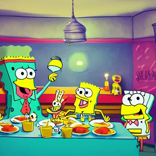 Image similar to spongebob squarepants eating at the krusty krab, inspired by stephen hillenburg, perfect symmetry, dim volumetric cinematic lighting, extremely hyper - detailed attributes & atmosphere, intricately proportional, masterpiece, artstation, stunning,