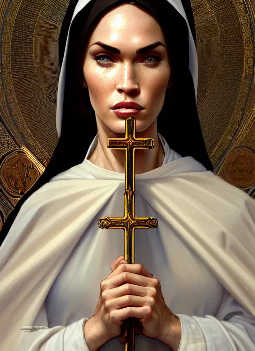Image similar to portrait of megan fox as a nun, catholic, church, bible, christian, intricate, headshot, highly detailed, digital painting, artstation, concept art, sharp focus, cinematic lighting, illustration, art by artgerm and greg rutkowski, alphonse mucha, cgsociety