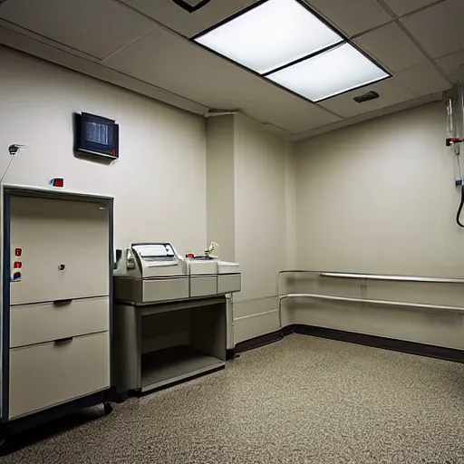 Prompt: empty hospital, empty hospital room with medical equipment, hospital color photograph