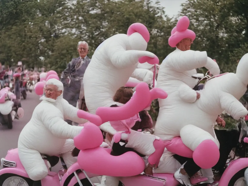 Image similar to a martin parr photo of a grandpa couple, wearing michelin man white body costumes, going super fast on a pink pig, 1 9 7 0 s kodachrome colour photo, flash on camera,