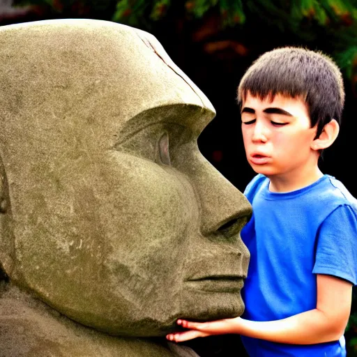 Image similar to a kid with a pouty face looking very dissapointed that his christmas present was a large moai statue with a bow on it | iphone photograph