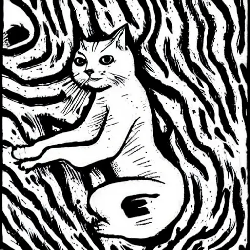 Image similar to a frightening cat consuming a body whole, by junji ito