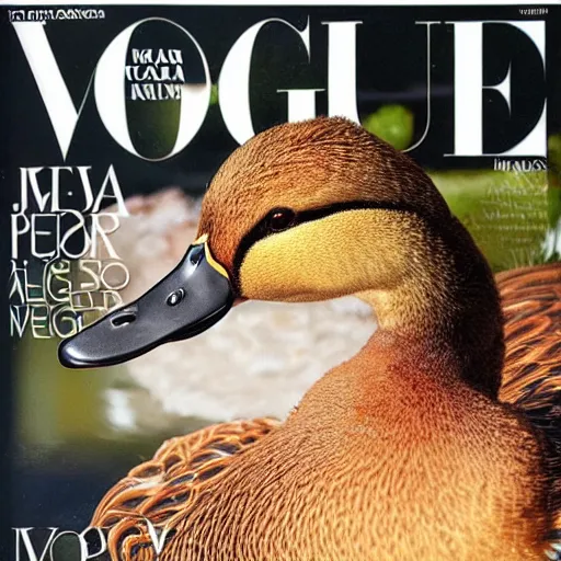 Prompt: a magnificent duck on the cover of vogue magazine