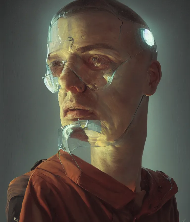 Image similar to a portrait of a prisoner in a painting from stalenhag, 4 k, 8 k, hdr, artstation, concept art