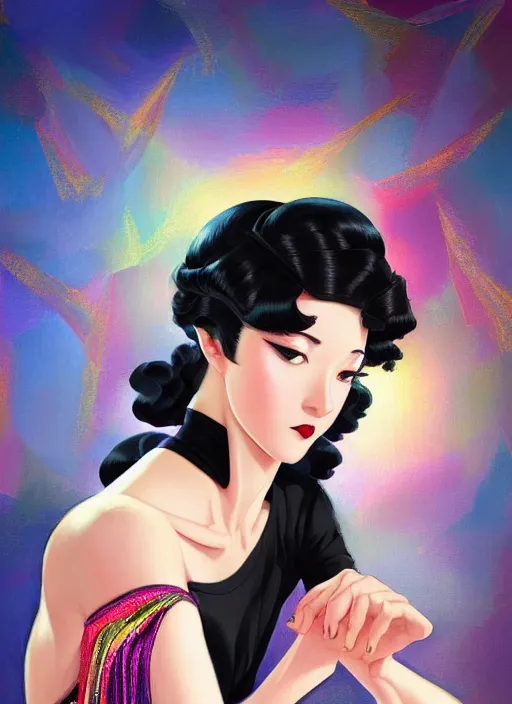 Image similar to a beautiful dancer with black hair in 1930's fashion, ballroom background, intricate, highly detailed, digital painting, artstation, official media, anime key visual, concept art, rich vivid colors, ambient lighting, sharp focus, illustration, art by Artgerm, Makoto Shinkai, Ilya Kuvshinov, Lois Van Baarle, and Rossdraws