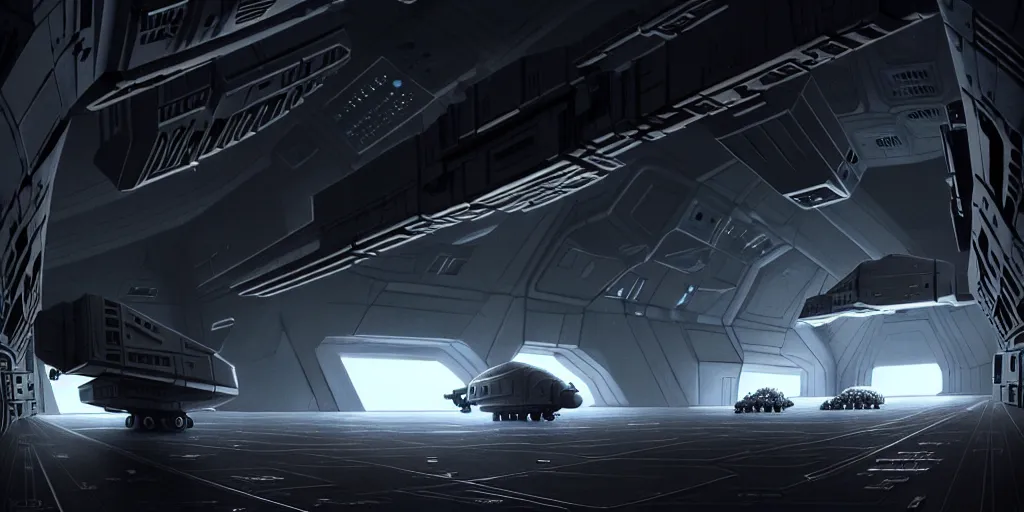 Prompt: an extremely detailed masterpiece epic scene of the inside of a cavernous spaceship cargo bay with various types of parked militarized spacecraft and an opened hanger door space scene in background, in the style of lebbeus woods, intricate, elegant, highly detailed, digital painting, artstation, cinematic lighting, extremely moody lighting, glowing light and shadow, 8 k