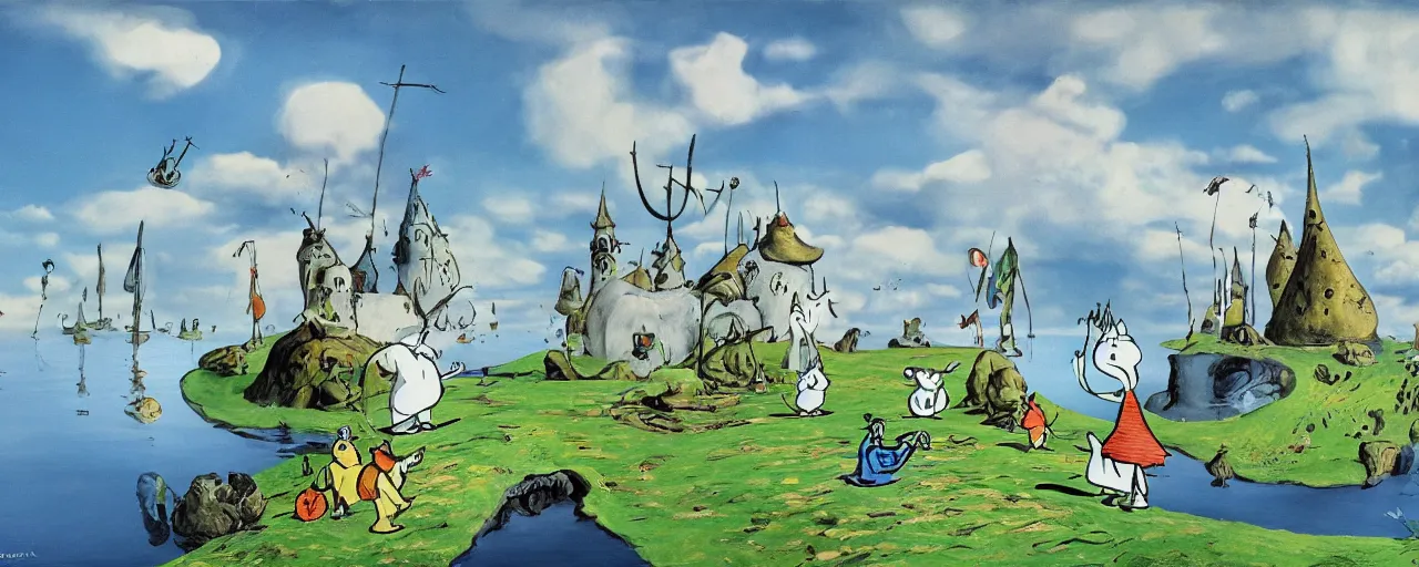 Image similar to the moomins in moominvalley, salvador dali painting, very detailed!, high quality, 4 k