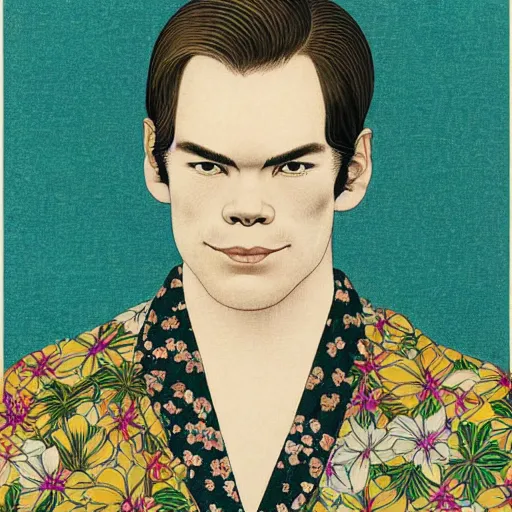 Image similar to michael c hall portrait by ikenaga yasunari and ayana otake and ko rakusui, 6 0 s poster, drawing, realistic, sharp focus, japanese, dreamy, nostalgia, faded, golden hues, floral clothes