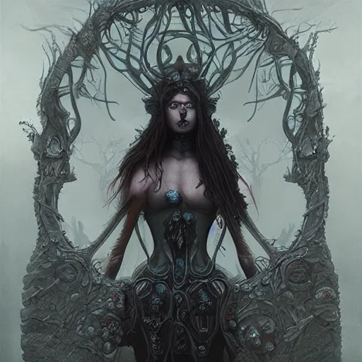 Image similar to curiosities from zynoids, soft paint of a single curvy beautiful warrior in full gothic armor, symmetry accurate features, eyeballs, vegetation tentacles, dense volumetric fog, focus, very intricate ultrafine details, gloomy colors, award winning masterpiece, tom bagshaw artstyle