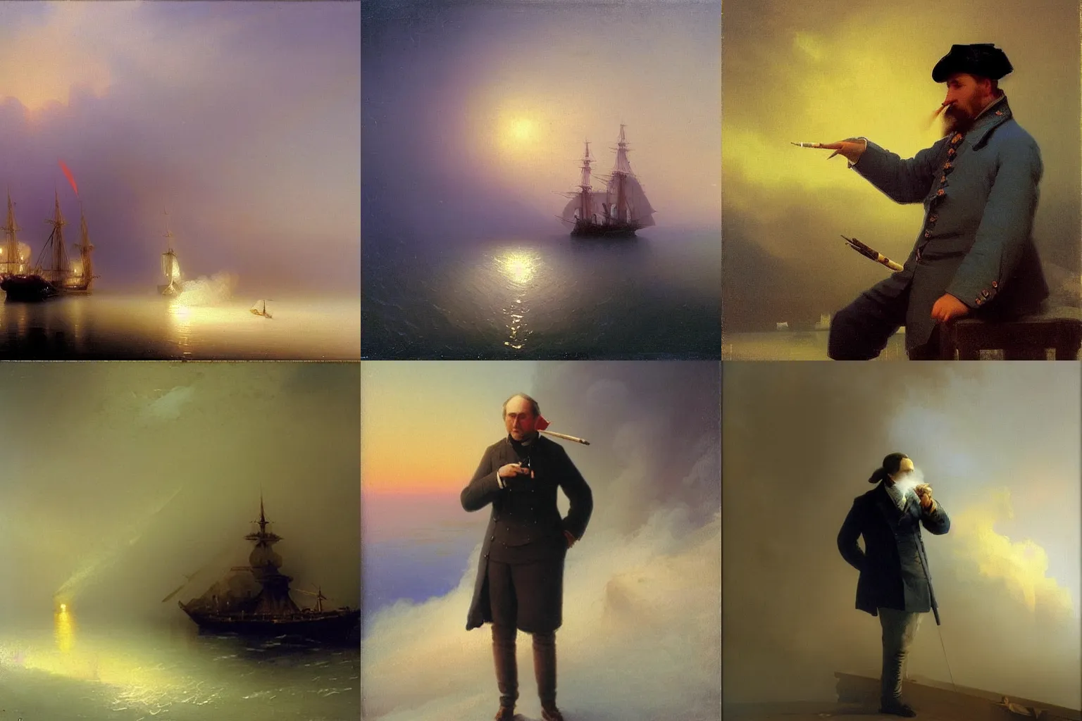 Prompt: Aivazovsky is smoking cigarette in a corner