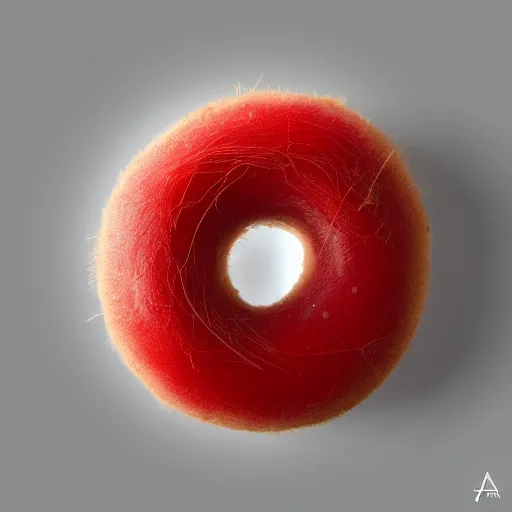 Image similar to Perfectly circular donut!!!!! in the style and shape of a rambutan!!!!!!, blended colors!!!!!, fibrous!!!!!, red fibers, trending on artstation, 4k, 8k, professional photography, overhead shot, 35mm lens