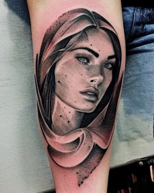 Image similar to double exposure tattoo sketch of megan fox faded with a beautiful mountain scenery, in the style of matteo pasqualin, amazing detail, sharp