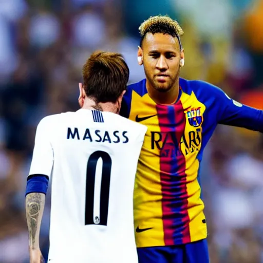 Image similar to neymar caressing messi's hair