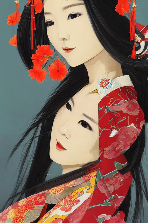 Image similar to a professional painting of a gorgeous Japanese Geisha girl, in brightly colored kimono, long dark hair, beautiful bone structure, symmetrical facial features, intricate, elegant, digital painting, concept art, smooth, sharp focus, illustration, from StarCraft by Ruan Jia and Mandy Jurgens and Artgerm and William-Adolphe Bouguerea, epic, stunning, gorgeous, intricate detail, much wow, 4K, masterpiece, trending on artstation