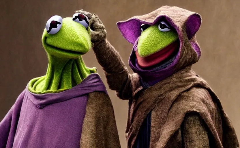 Image similar to kermit as a dark mage, a still from the dark crystal, high quality, very detailed, cinematic,