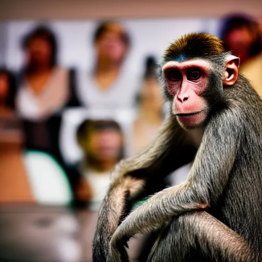 Image similar to audience pointing and laughing at monkey jpeg nft's in museum, 4 k