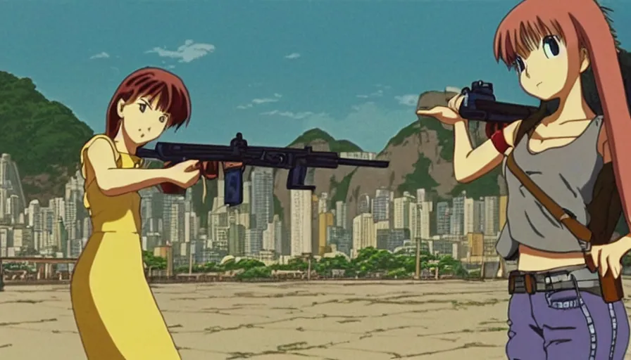 Prompt: 1 9 9 6 anime screencap of a girl with a gun on a rio de janeiro anime, by hayao miyazaki, studio ghibli, rio background extremely high quality artwork