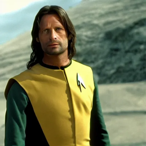 Prompt: A still of Aragorn as Captain Kirk on Star Trek