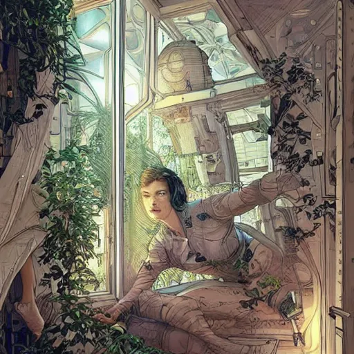 Prompt: Interior of a bedroom on a spaceship, through a large window outer space is visible, spread out around the room are lush plants, intricate, elegant, highly detailed, smooth, sharp focus, detailed face, high contrast, graphic novel, art by Ardian Syaf and Michael Choi,