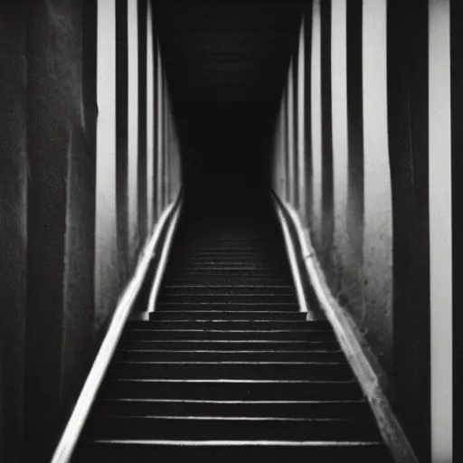 Prompt: dark stairs hallway, vintage, 3 5 mm film, 4 k, 8 k, photorealistic, polaroid, film grain, iso noise, burned pixels