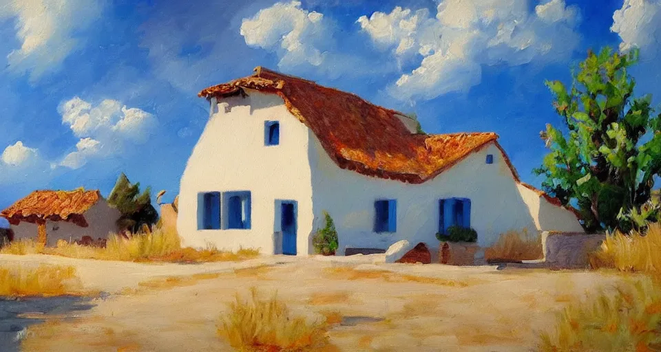 Image similar to an expensive adobe house, blue sky with clouds, beautiful painting, oil on canvas, by ewa czarniecka, award winning masterpiece,