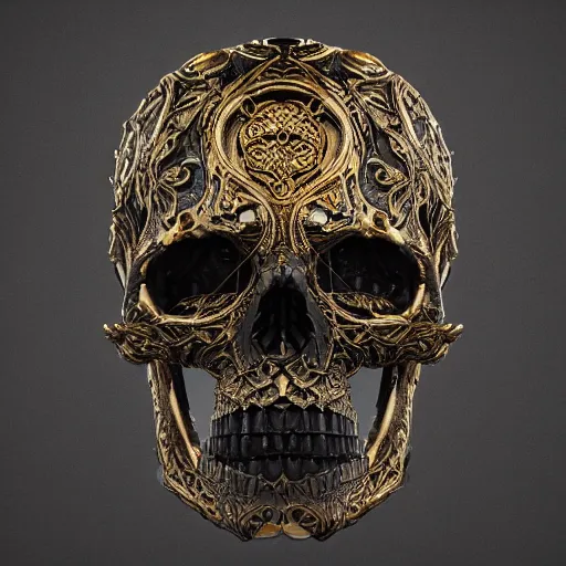 Image similar to skull in black concrete with intricate gold inlay carving in art nouveau style, hyper detailed, insane details, intricate, elegant, luxury, dramatic lighting, CGsociety, hypermaximalist, golden ratio, fog, overcast lighting, moody atmosphere, environmental key art, octane render, weta digital, micro details, 3d sculpture, ray trace, 8k