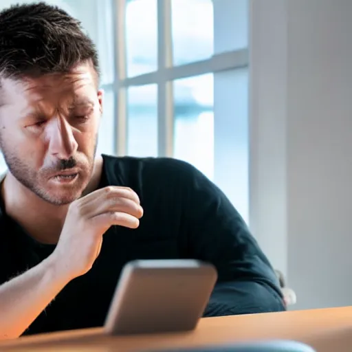 Image similar to prisoner alone in his cell setting up a video call using an ipad, photorealistic, frustrated expression, dark, restrictive firewalls