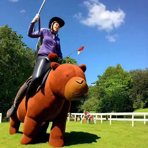 Image similar to equestrian riding a giant bear in the park