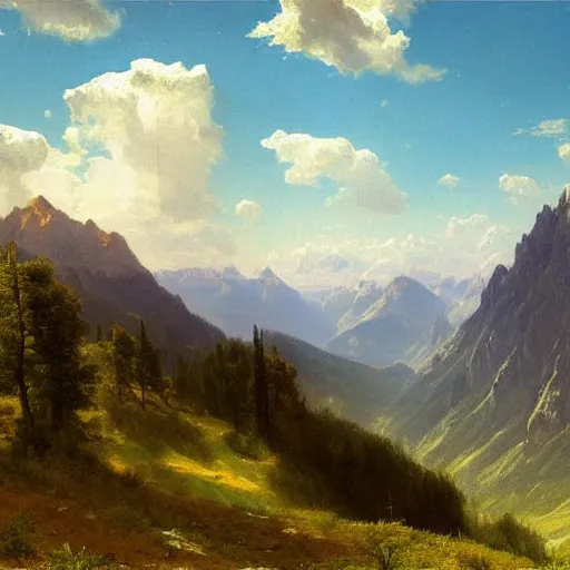 Prompt: vast valley in the alps with low clouds and blue sky, oil painting by albert bierstadt, artstation, 4 k, detailed,