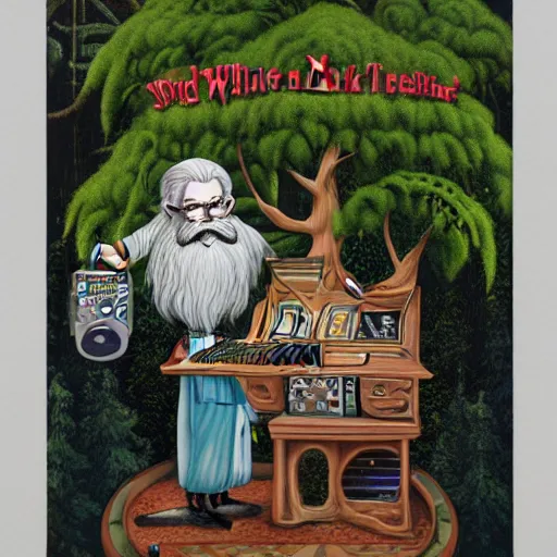 Image similar to old man white beard playing a synthesizer in a tree house, notes and clefs listening , lowbrow surrealistic, in the style of Mark Ryden,