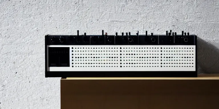 Prompt: dezeen showroom , minimalissimo, archdaily, , teenage engineering moad, mother of all decks, product design concept,product shot of moog melotron synthesizer with screen designed by jony ives, dieter rams, 8k, highly detailed photo